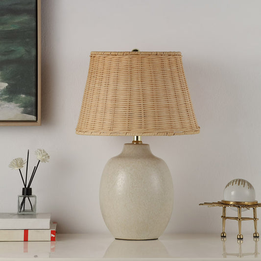 Cream Ceramic Table Lamp with Natural Rattan Shade – 18″