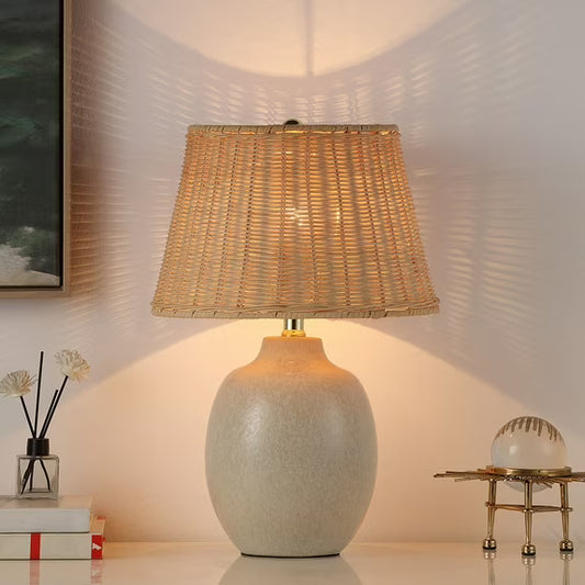 Cream Ceramic Table Lamp with Natural Rattan Shade – 18″